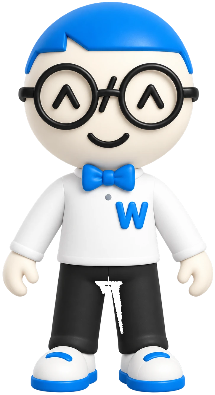Mono de Weblike: cabeza redonda, pelo azul, gafas negras, camisa blanca con una W y zapatillas azules.